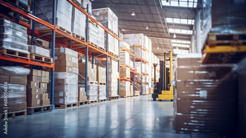 Cardboard Boxes Product in Warehouse Shelf with goods in cartons; with pallets and forklifts. Logistics and transportation blurred background.