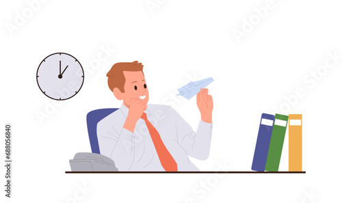 Man office worker character procrastinating playing with origami paper plane sitting at workplace