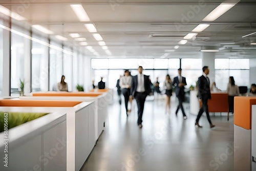 Bright business workplace with people in walking in blurred motion in modern office space © Tayyab