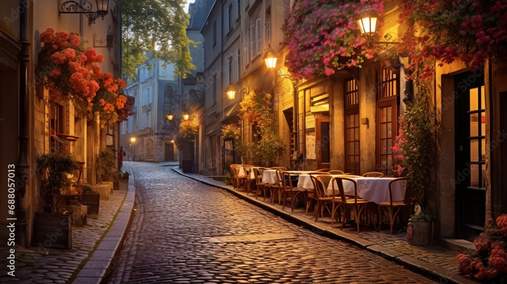 A charming cobblestone street lined with quaint cafes and flower-adorned balconies, the bustling activity softened into a romantic bokeh