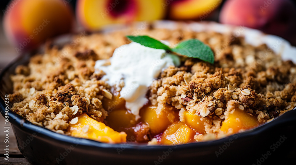 Close up of breakfast dessert peach crumble on black bowl Close up of breakfast dessert peach crumble on black bowl