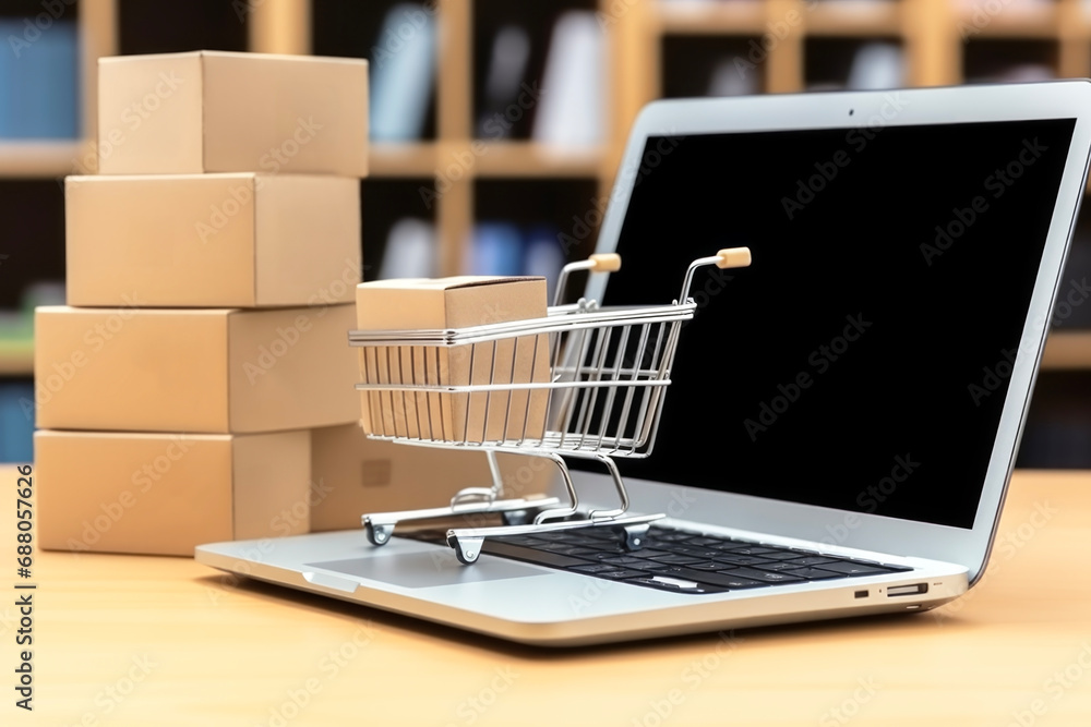 Close up of brown cardboard boxes and shopping cart with laptop keyboard on wooden table. Shopping concept of e-commerce and business.
