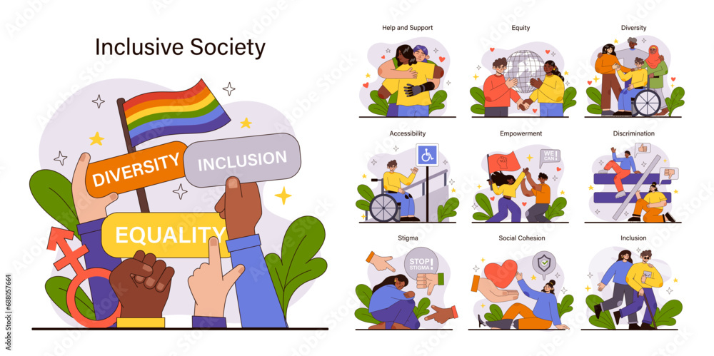 Inclusive Society set. Harmonious diversity and equality celebration. Unity in gender, race, and disability representation. Universal acceptance and solidarity themes. Flat vector illustration. - obrazy, fototapety, plakaty 