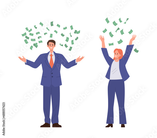 Happy rich business man and woman cartoon characters throwing money cash in air isolated on white