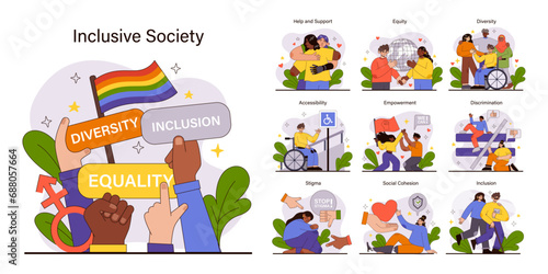 Inclusive Society set. Harmonious diversity and equality celebration. Unity in gender, race, and disability representation. Universal acceptance and solidarity themes. Flat vector illustration.