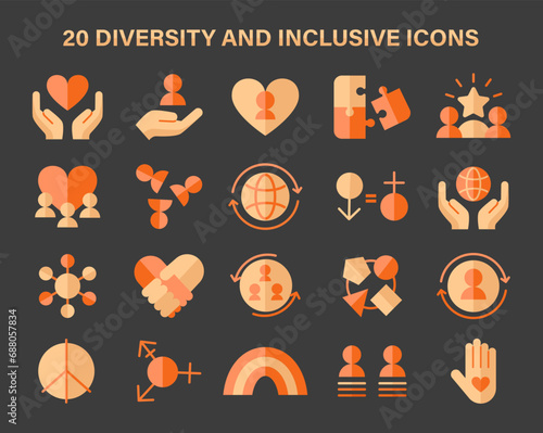 Inclusive society set. A collection of icons representing unity, equality, and support. Celebrating diversity, gender neutrality, and global solidarity. Flat vector illustration.