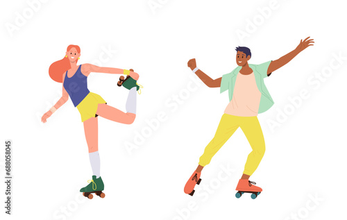 Young man and woman cartoon characters roller skating outdoors enjoying sport hobby activity