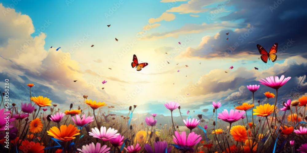 Vibrant butterflies of various colors fluttering above a field of colorful wildflowers under a sunny sky with soft clouds, symbolizing spring and the beauty of nature
