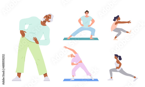 Senior and young people cartoon characters set enjoying yoga practice, stretching training exercise