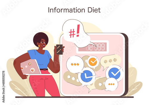 Information Diet concept. Woman balances digital intake with notifications on devices. Selective attention to communication in the information age. Flat vector illustration