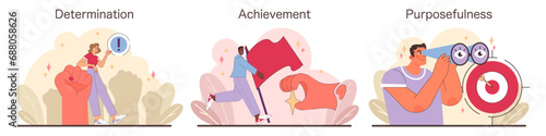 Determination and Achievement trio. Expressive scenes of goal-setting, celebrating successes, and strategic focus. Encouraging self-driven victories and insightful planning. Flat vector illustration