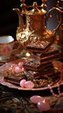 Royal dessert chocolate celebration, birthday, bakery with flowers