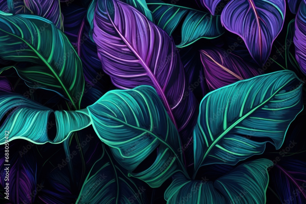 Tropical leaves in neon tones, bright glowing plants. Purple and green tropical leaves. Tropical leaves in neon tones, bright glowing plants. Purple and green tropical leaves.