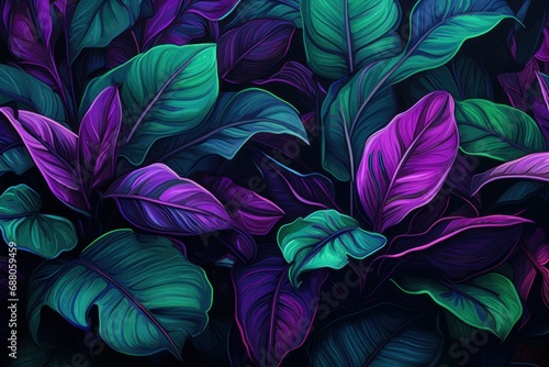 Tropical leaves in neon tones  bright glowing plants. Purple and green tropical leaves.