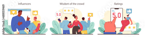 Social Proof concept. Digital influence and community ratings shaping public opinion. Authority figures, collective wisdom, and user ratings in decision-making. Flat vector illustration.