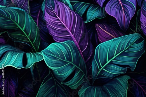 Tropical leaves in neon tones  bright glowing plants. Purple and green tropical leaves.