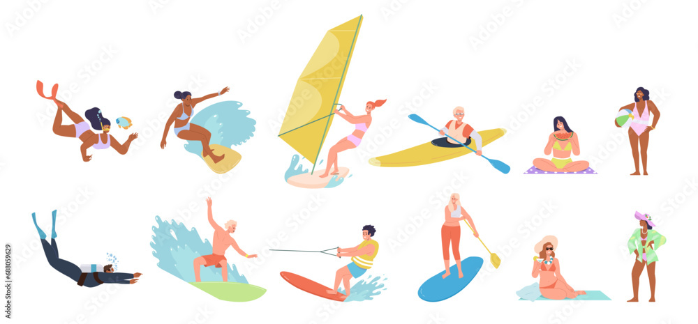 Different people cartoon characters engaged in beach recreation and water sport activities set - obrazy, fototapety, plakaty 