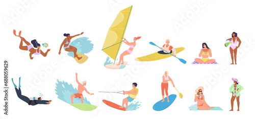Different people cartoon characters engaged in beach recreation and water sport activities set