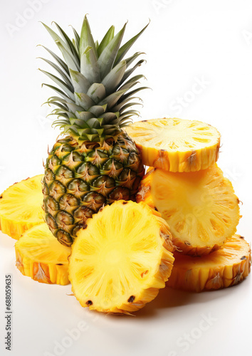 fresh pineapple fruit with slices isolated on white background created with Generative AI technology