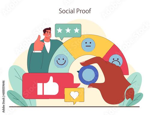 Social Proof concept. Visualizing consumer trust through ratings, emoticons, and approval icons. Building credibility in the digital space. Flat vector illustration.