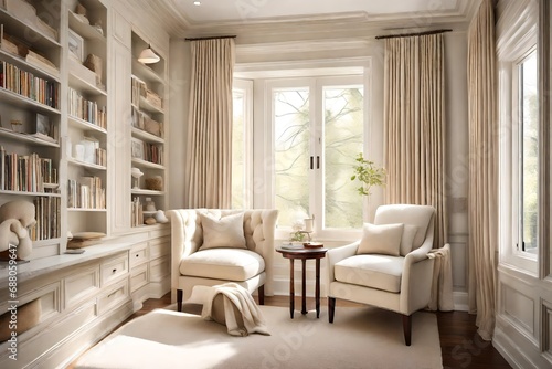 A tranquil cream-colored reading nook featuring a plush armchair bathed in natural light  providing a peaceful haven within a tastefully decorated living space.