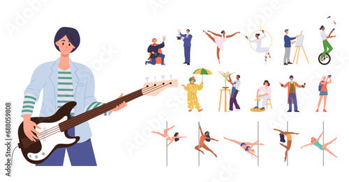 People art profession isolated set of artist, dancer, gymnasts, circus worker, actor and musician