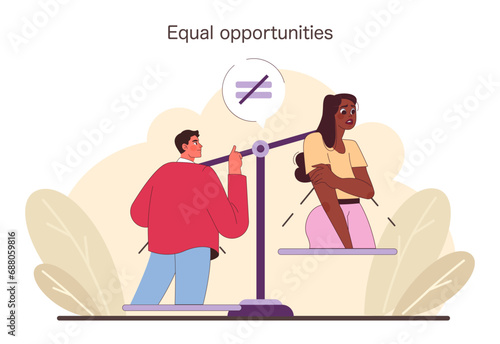 Man and woman on balanced seesaw, advocating for fairness and justice. Gender equality. Workplace equity. Social issues. Flat vector illustration.