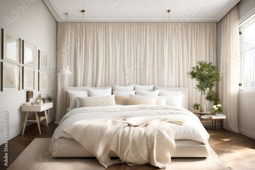 A serene bedroom with a white platform bed, cream-colored bedding, and sheer curtains for a tranquil and airy atmosphere. © WOW