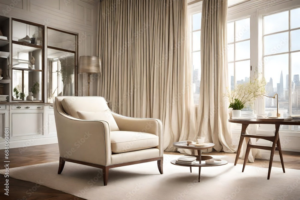 A meticulously styled cream-colored armchair placed beside a floor-to-ceiling window, allowing natural light to accentuate its graceful design in a serene living room setting. A meticulously styled cream-colored armchair placed beside a floor-to-ceiling window, allowing natural light to accentuate its graceful design in a serene living room setting.