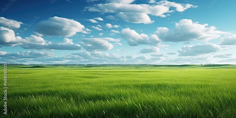 Obraz premium Rolling green hills. Vibrant summer landscape under clear blue sky. Sunny pastures. Picturesque meadow bathed in sunlight. Countryside bliss. Serene rural scene with lush greenery