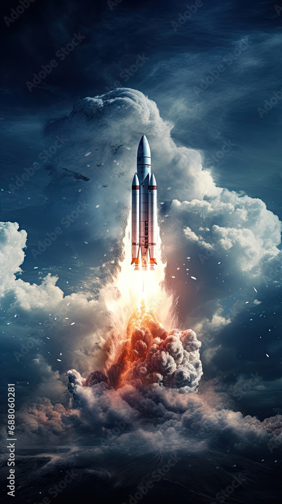 a rocket launches into space with a huge energy burning thrust and a rapid plume created with Generative AI Technology