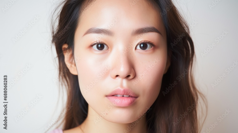 A closeup shot showcases the natural beauty and imperfections of an Asian woman. A closeup shot showcases the natural beauty and imperfections of an Asian woman.