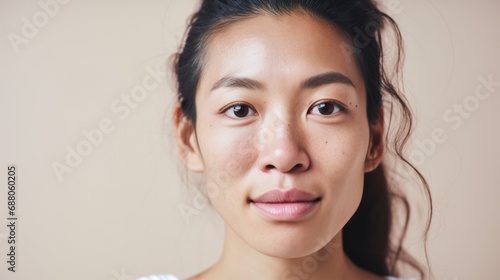 A closeup shot captures the raw beauty of an Asian woman with imperfect skin.