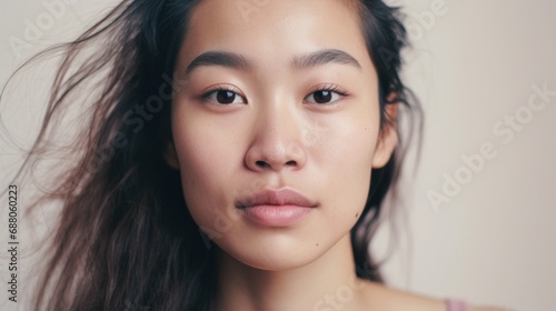 Imperfect skin adds authenticity to the closeup portrait of an Asian woman.