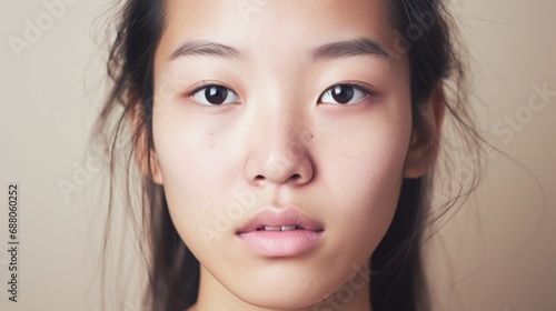 An Asian woman's closeup reveals authenticity through her imperfect skin.