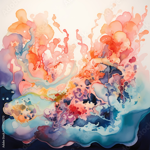 an ephemeral mirage featuring abstract coral formations with watercolor-inspired strokes during nightfall © Cao