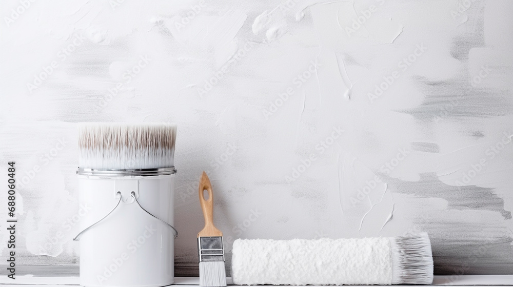 a man paints a wall with white paint with a roller - obrazy, fototapety, plakaty 
