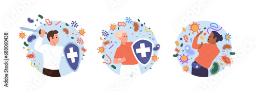 Isolated round composition set with people with strong and weak immunity fighting against influenza