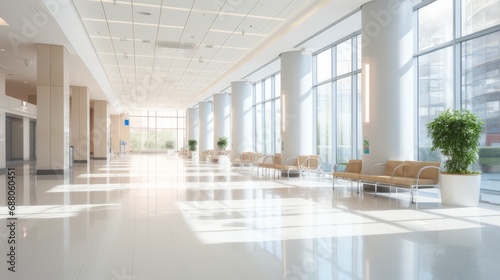 The interior of a hall in a modern building or hospital is white and filled with light.