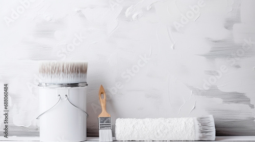 a man paints a wall with white paint with a roller photo