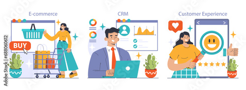Business Operations set. Digital shopping with E-commerce, strategic planning with CRM, and consumer feedback in Customer Experience. Online sales, data analytics positive reviews. vector illustration