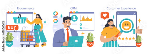 Business Operations set. Digital shopping with E-commerce, strategic planning with CRM, and consumer feedback in Customer Experience. Online sales, data analytics positive reviews. vector illustration