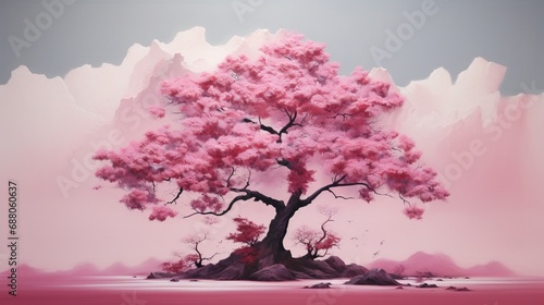 a diverse isolated tree artworks adorn the pink surface, a vivid and mesmerizing spectacle. © Ahmad