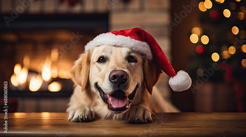 a cute Golden Retriever dog with a Christmas santa hat in the front living room and a fireplace decorated with Christmas atmosphere and beautiful bokeh lights created with Generative AI Technology