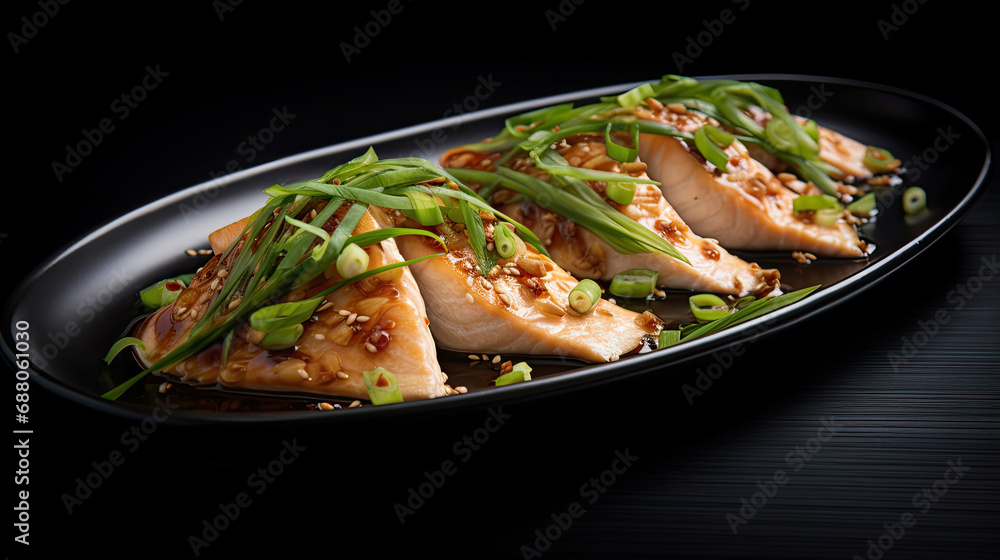 Steamed fish fillet with ginger soy sauce sliced scallion onions on a black plate Steamed fish fillet with ginger soy sauce sliced scallion onions on a black plate
