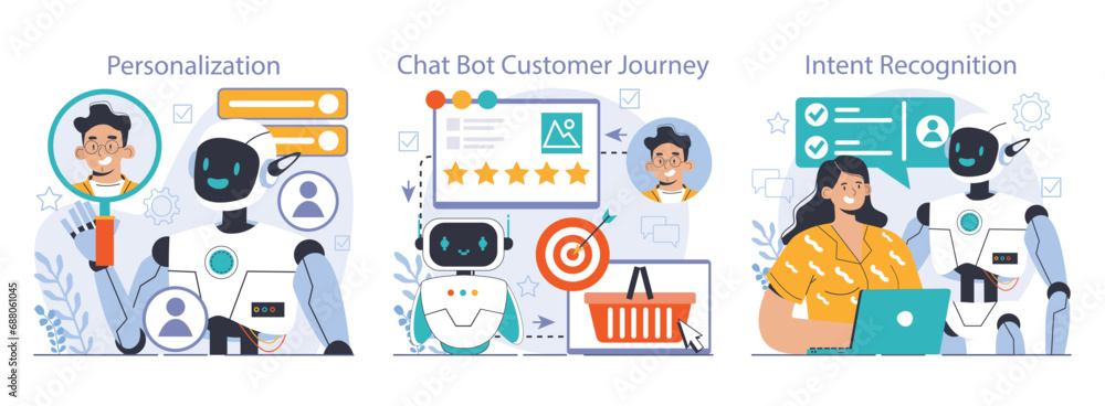 Chat bot set. AI-powered customer service. Online consultation with artificial neural network. Artificial intelligence virtual assistant. Flat vector illustration Chat bot set. AI-powered customer service. Online consultation with artificial neural network. Artificial intelligence virtual assistant. Flat vector illustration