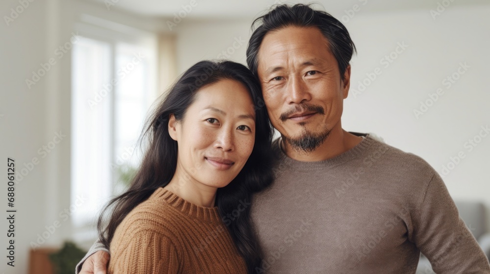 A cozy scene unfolds as a middle-aged Asian couple shares an affectionate embrace in their living space. A cozy scene unfolds as a middle-aged Asian couple shares an affectionate embrace in their living space.