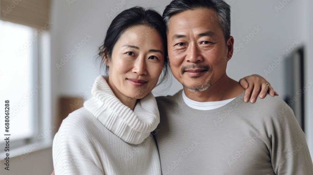 A serene scene as an Asian middle-aged couple shares a quiet embrace in the familiarity of home. A serene scene as an Asian middle-aged couple shares a quiet embrace in the familiarity of home.