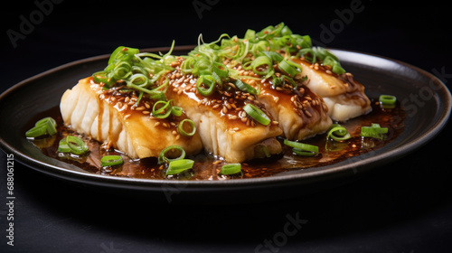 Steamed fish fillet with ginger soy sauce sliced scallion onions on a black plate created with Generative AI technology
