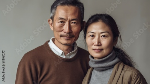 Embracing each other, a middle-aged Asian couple shares a moment of happiness in their dwelling.